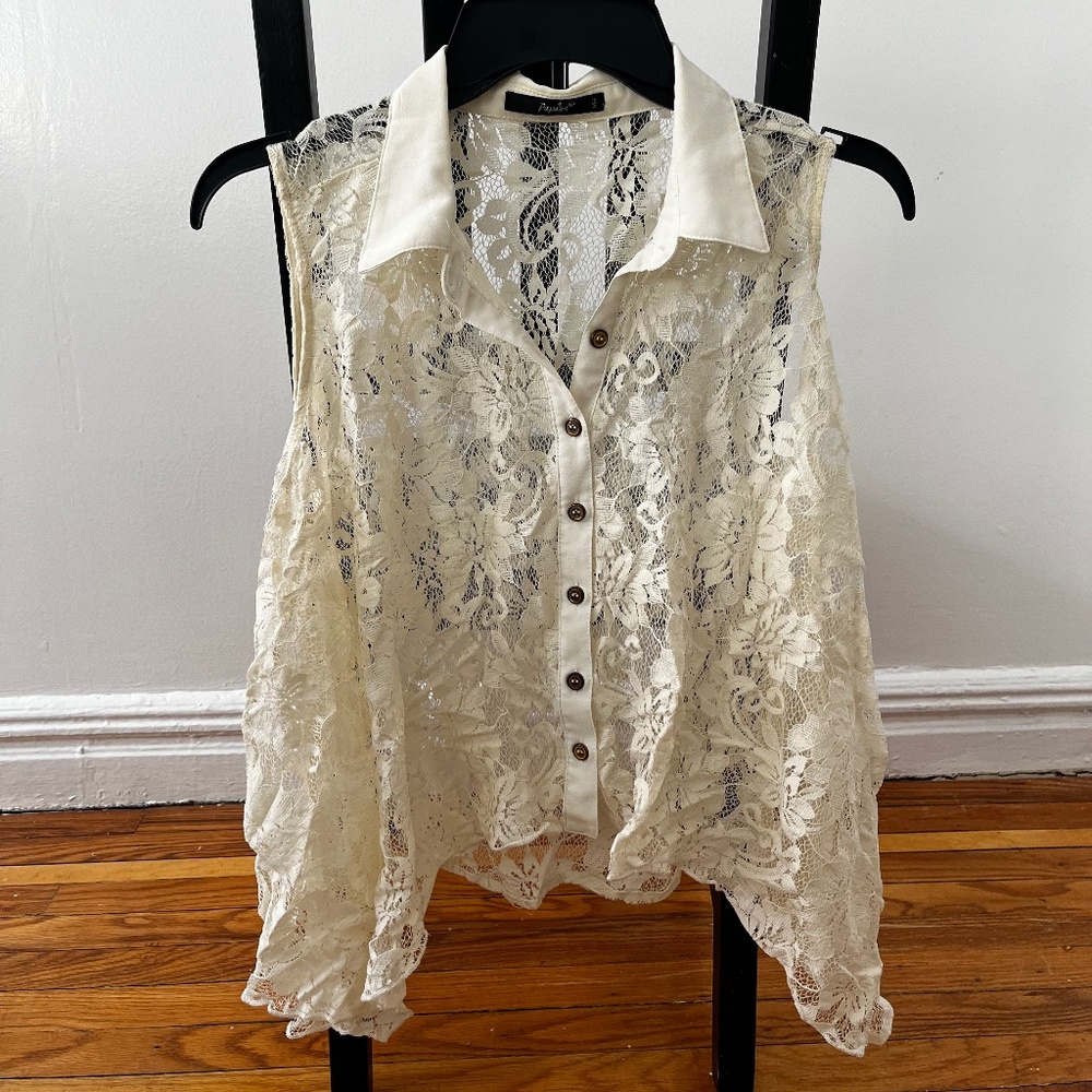 Papaya floral lacy collar asymmetrical sleeveless top sz M